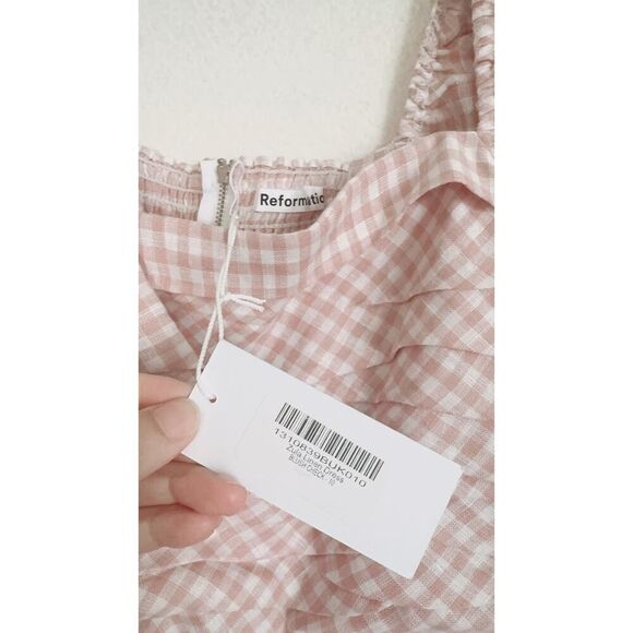 Reformation Zula Linen Dress pink check size US10 - Picture 8 of 11